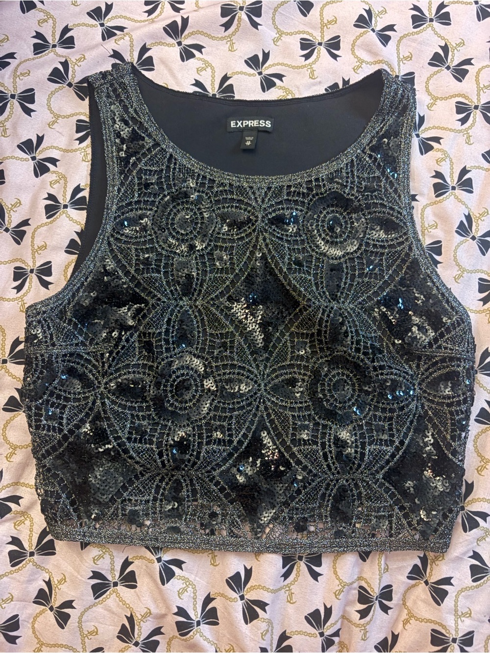 Express Black Sequined Beaded Cropped Tank Top